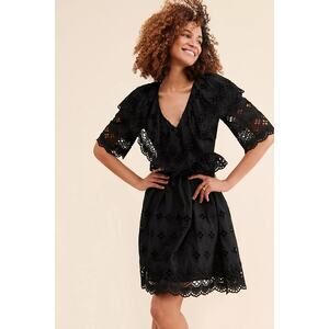 New Free People Antik Batik Ally Eyelet Mini Dress $437 X-SMALL 36 Black LBD